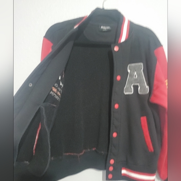 Riflessi Juniors Varsity Fleece Bomber Jacket S Snapped Black/ Red Cotton Blend - Picture 11 of 16
